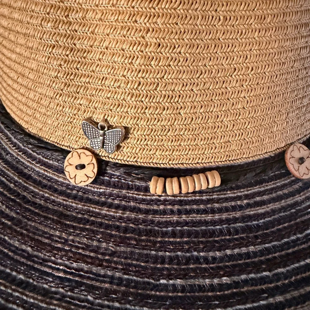 Kallina Sun Hat Tan Blue UPF 50+ Beaded Butterfly Wide Brim Coastal Beach Resort